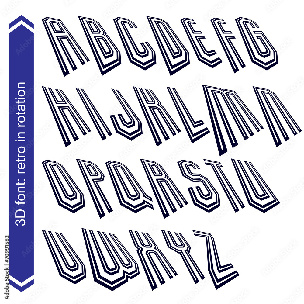 Fototapete geometric retro style graphic font in rotation, vector alphabet.