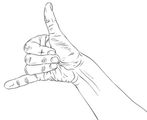 Call me hand sign, detailed black and white lines vector illustr