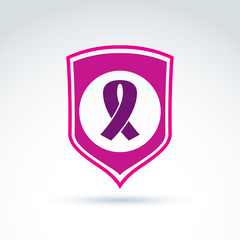 Breast cancer ribbon placed on a purple shield, vector healthcar