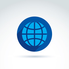 Blue simple planet icon placed in a circle, earth globe vector c