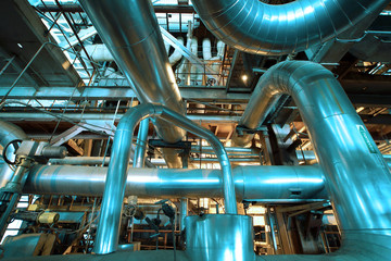 Industrial zone, Steel pipelines and equipment in blue tone