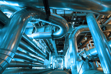 Industrial zone, Steel pipelines and equipment in blue tone