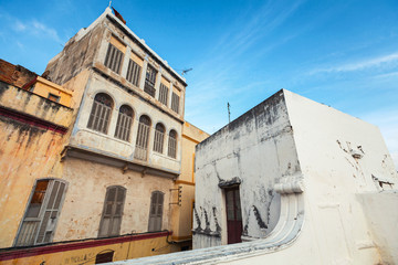 Street view with traditional colorful houses. Tangier, Morocco