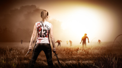 Kämpferin wartet auf Zombie-Gegner - obrazy, fototapety, plakaty