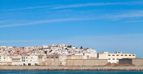 Naklejka premium Old Tangier town and port, panorama with blue sky, Morocco, Afri