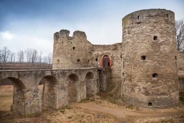 Fototapeta na wymiar Entrance to Koporye Fortress in historic village. Leningrad Obla