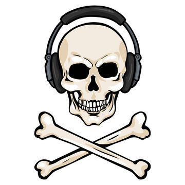 Vector Cartoon Skull with Headphones and Cross Bones