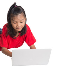 Young Asian girl with a laptop over white background
