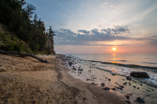 Baltic sea at beautiful sunrise in Poland beach. Orlowo Gdynia 