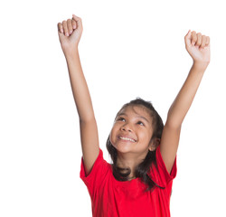 Fototapeta na wymiar Young Asian girl raising her hands over white background