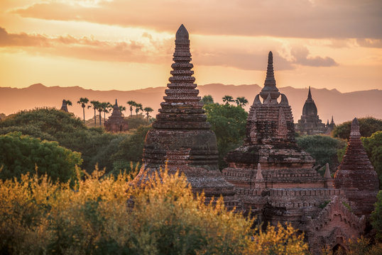 Myanmar, sunset over the temples of Bagan