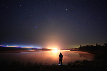 starry night sky lake landscape