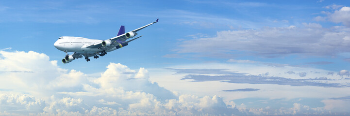 Naklejka premium Jet plane in a blue cloudy sky