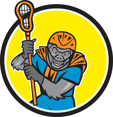 Gorilla Lacrosse Player Circle Cartoon