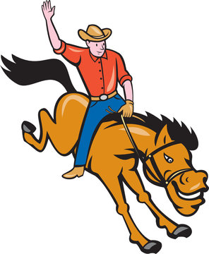 Rodeo Cowboy Riding Bucking Bronco Cartoon