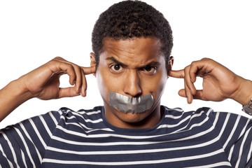 African man with closed ears and adhesive tape over his mouth