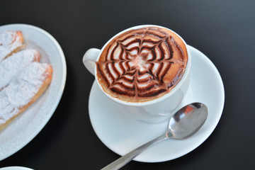 Cup Of Hot Cappuccino And Sweet  Dessert