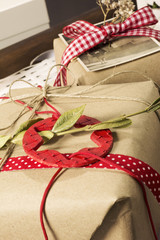 Christmas gifts, retro decoration, stars and red ribbons,