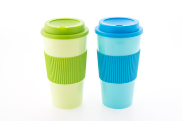 Plastic coffee mug isolated on white background