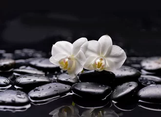 Foto op Plexiglas Set van twee witte orchideeën met therapiestenen © Mee Ting