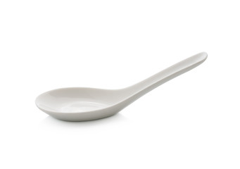 White empty ceramic spoon for soup on white background