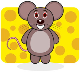a smiling mouse on a background of cheese