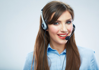 Woman call center operator. Young smiling female worker. Busine
