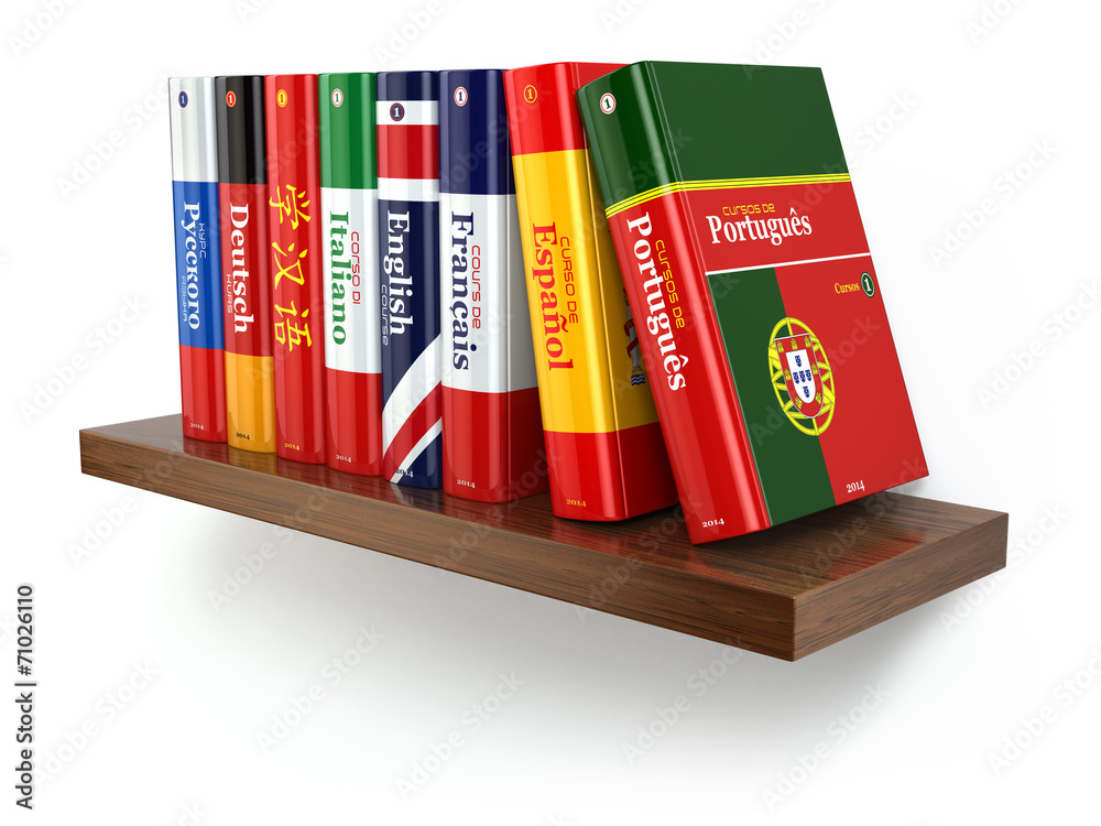 Poster dictionaries on bookshelf white isolated backgound.