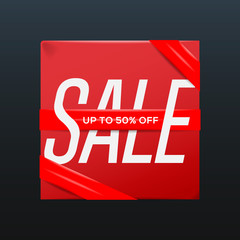 Sale red poster with ribbon up to 50 percent off on the box
