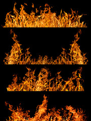 ensemble de quatre bandes de flamme orange isolées sur fond noir