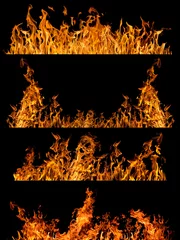 Photo sur Aluminium Flamme ensemble de quatre bandes de flamme orange isolées sur fond noir