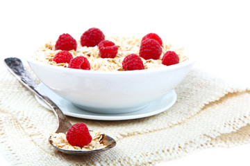 Fresh raspberry and Oatmeal flakes. Healthy food.