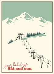 Winter background. Mountain landscape with ski lift - obrazy, fototapety, plakaty