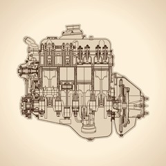Old internal combustion engine, drawing. Vector