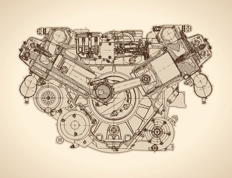 Old Internal Combustion Engine, Drawing. Vector