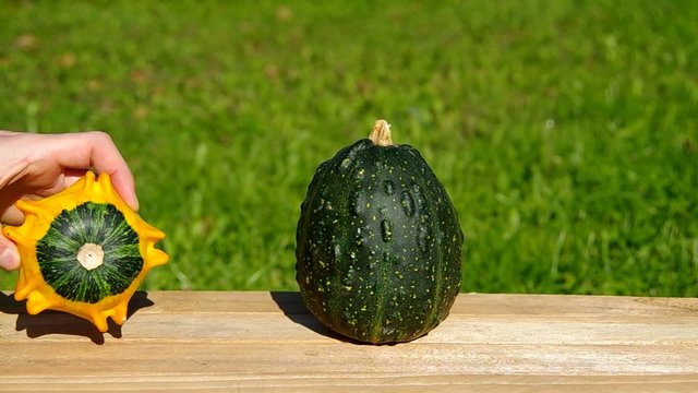 Ornamental pumpkins laying on a wooden table
