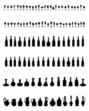 Silhouettes of pitchers, glasses and bottles, vector