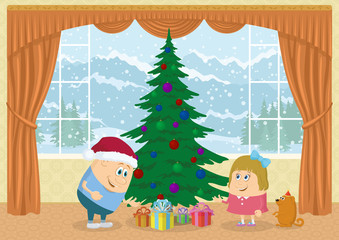 Children finding gifts under fir tree