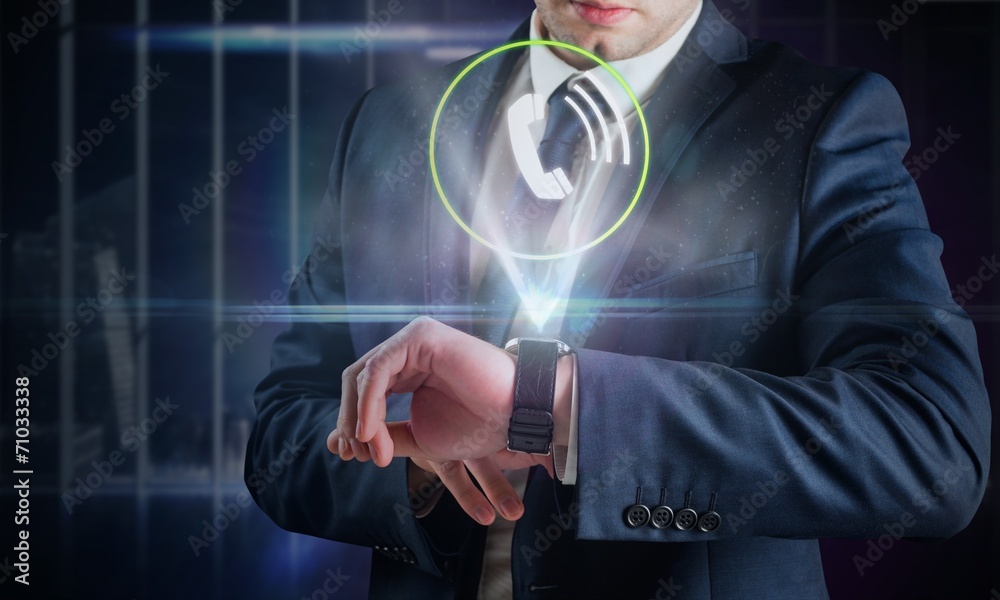Poster composite image of businessman using hologram watch
