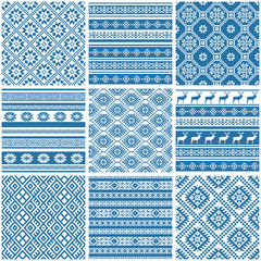 Collection set of 9 blue and white ornamental ethnic patterns - 71033360