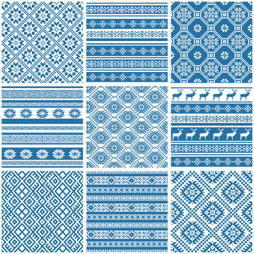 Collection set of 9 blue and white ornamental ethnic patterns