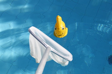 Plastikfisch wird aus Swimmingpool geholt im Urlaub