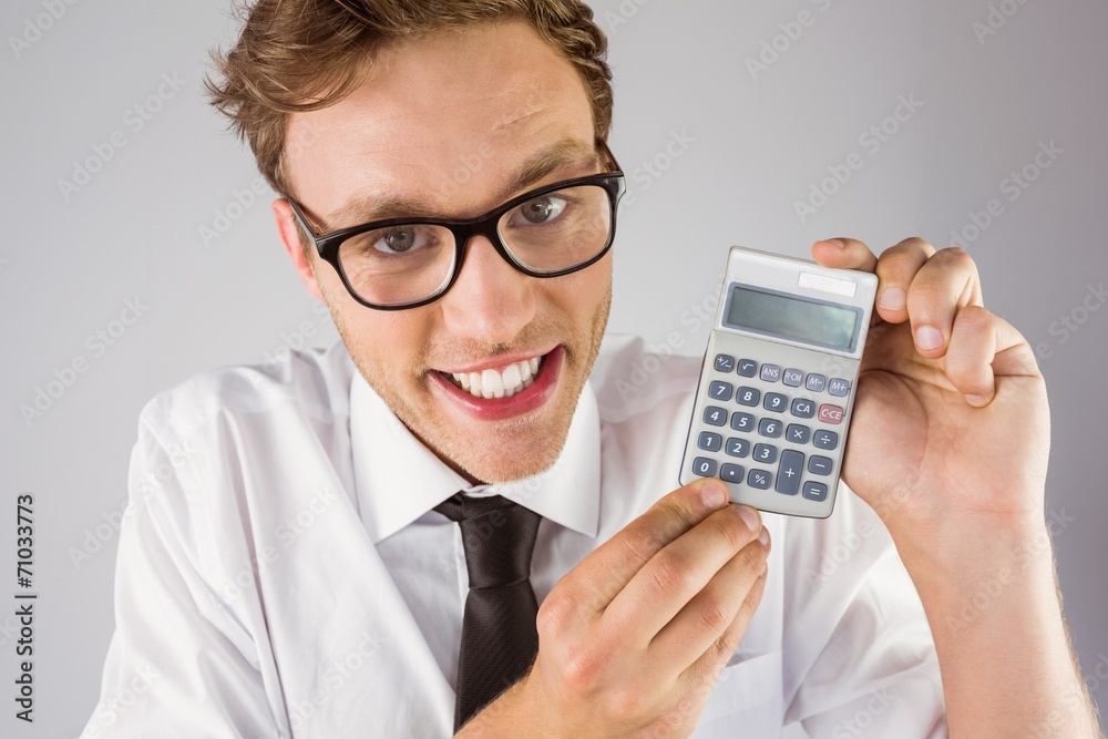 Aufkleber geeky businessman showing a calculator