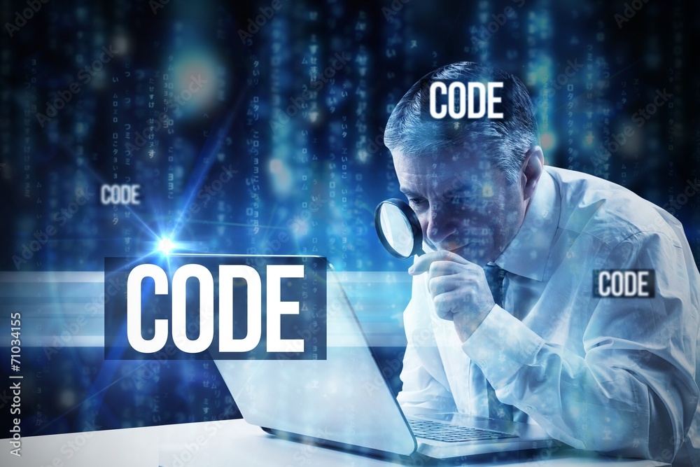 Aufkleber code against lines of blue blurred letters falling