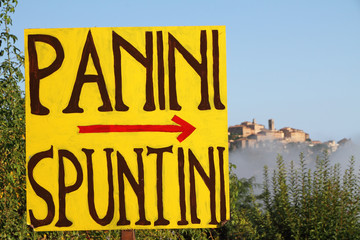 Fototapeta premium Sandwiches and snacks advertising board in Tuscany