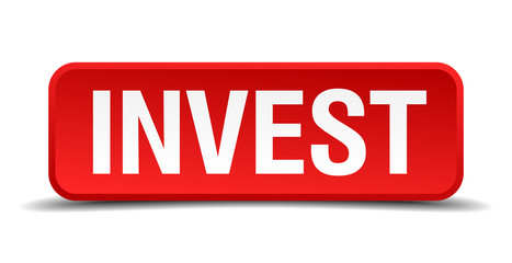 Invest red 3d square button on white background
