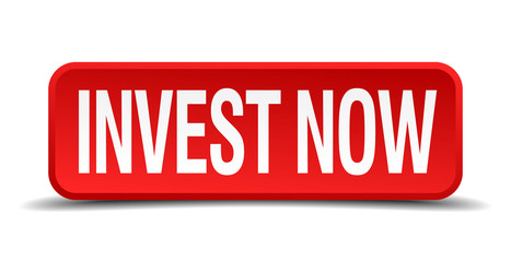 invest now red 3d square button on white background