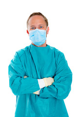 young doctor with surgical mask and green coat