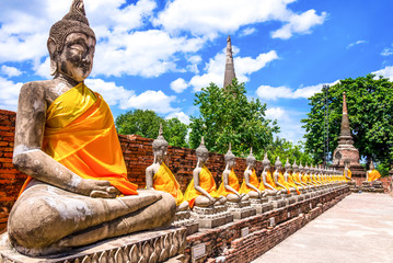 Thailand, rij Boeddhabeelden in de oude tempel van Ayutthaya
