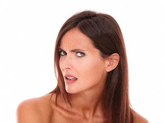 Fototapeta premium Confused mature woman looking at camera